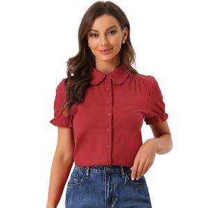 Cotton Frilled Top Turndown Collar Solid Blouse Shirt Burgundy